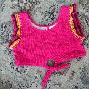 Betsey Johnson Girls Pink Smocked Crochet Ruffle Bikini Top Only Size 14 Tween